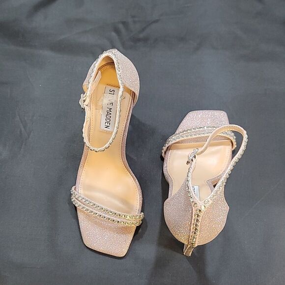 STEVE MADDEN WOMEN'S PINK GLITTER ANKLE STRAP RHINESTONE SQUARE TOE SANDAL - Picture 5 of 16